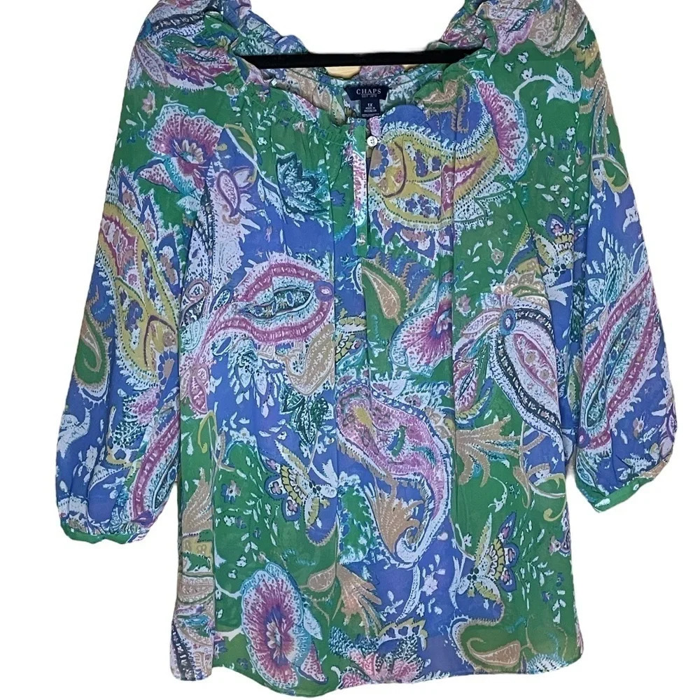 CHAPS Womens COLORFUL GREEN PAISLEY TOP 3/4" SLEEVE OFF THE SHOULDERS SIZE 1X PL